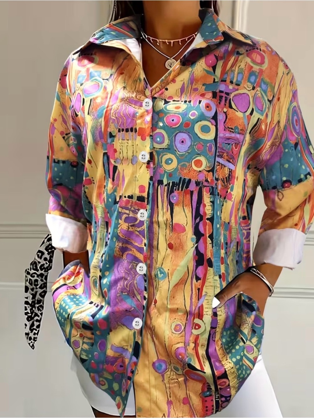 Abstract Multicolor Button-Up Shirt - Women Tops